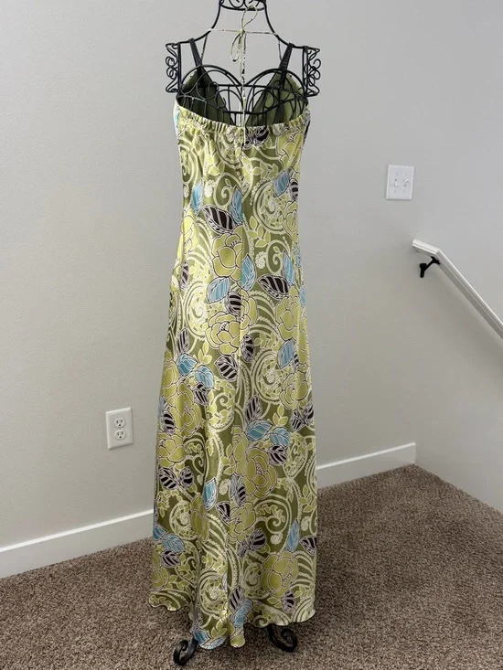 Floral Olive Satin Maxi Dress with V-Neck - Picture 3 of 4